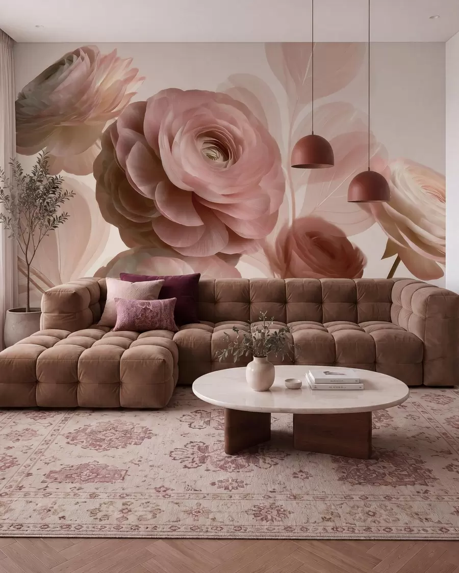 fototapeter Fyldige, pudderrosa ranunkelblomster med gennemskinnelige kronblade i bløde rosa og beige nuancer w09998