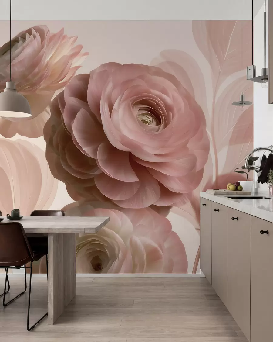 Murale De volumineuses fleurs de renoncule rose poudré aux pétales translucides, dans des tons de rose pâle et de beige w09998