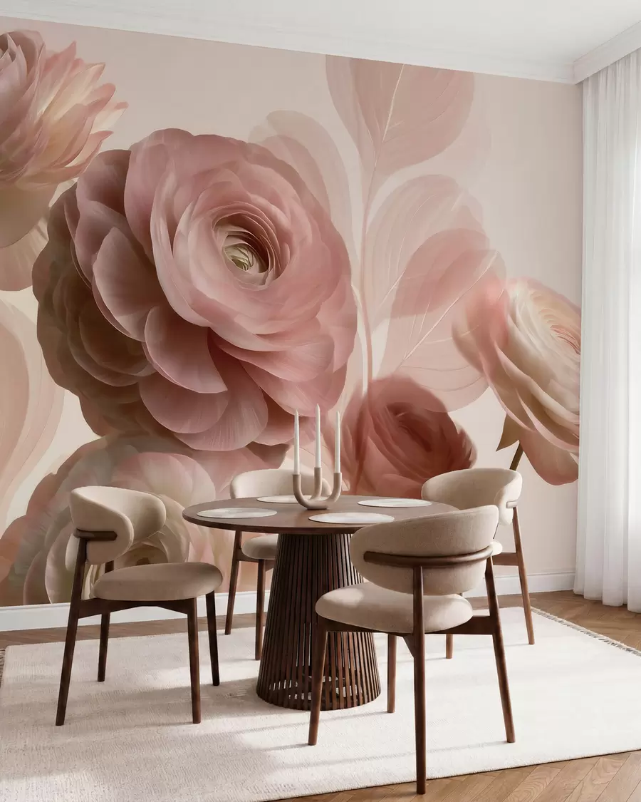 fototapeter Fyldige, pudderrosa ranunkelblomster med gennemskinnelige kronblade i bløde rosa og beige nuancer w09998