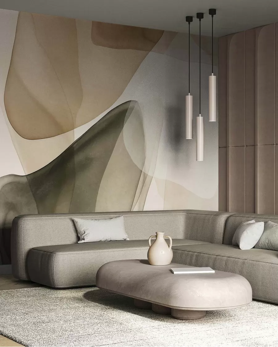 Murale Formes abstraites dans des nuances de beige et de vert, effet de couches texturées et translucides w10022