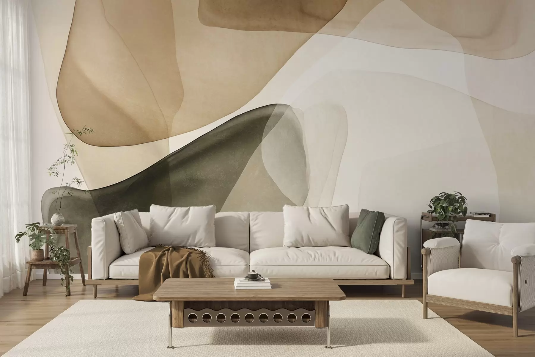 Murale Formes abstraites dans des nuances de beige et de vert, effet de couches texturées et translucides w10022