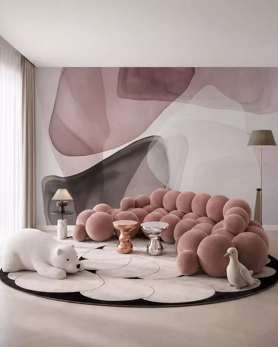 Murale Formes abstraites dans des nuances de rose et de marron foncé, effet de couches texturées et translucides w10022v1