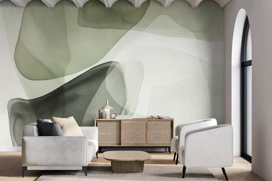 Murale Formes abstraites dans des nuances de vert, effet de couches texturées et translucides w10022v2
