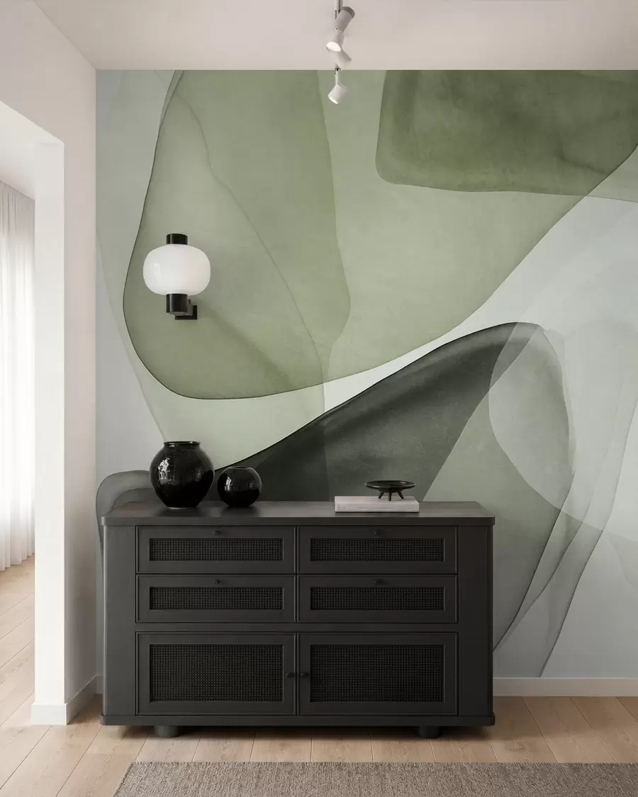 Murale Formes abstraites dans des nuances de vert, effet de couches texturées et translucides w10022v2