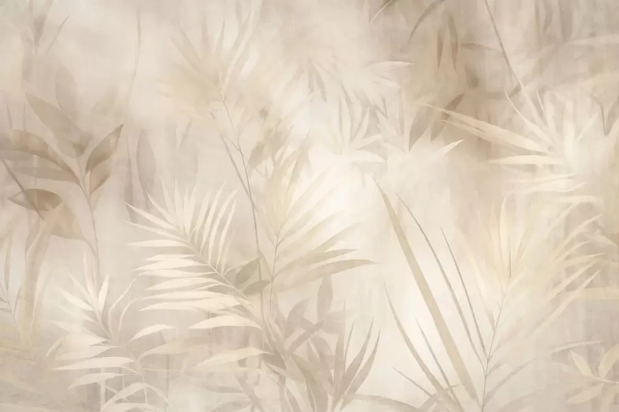 fototapeter Palmeblade i dæmpede beige- og cremefarver med en blød baggrund, tropisk jungle w10023