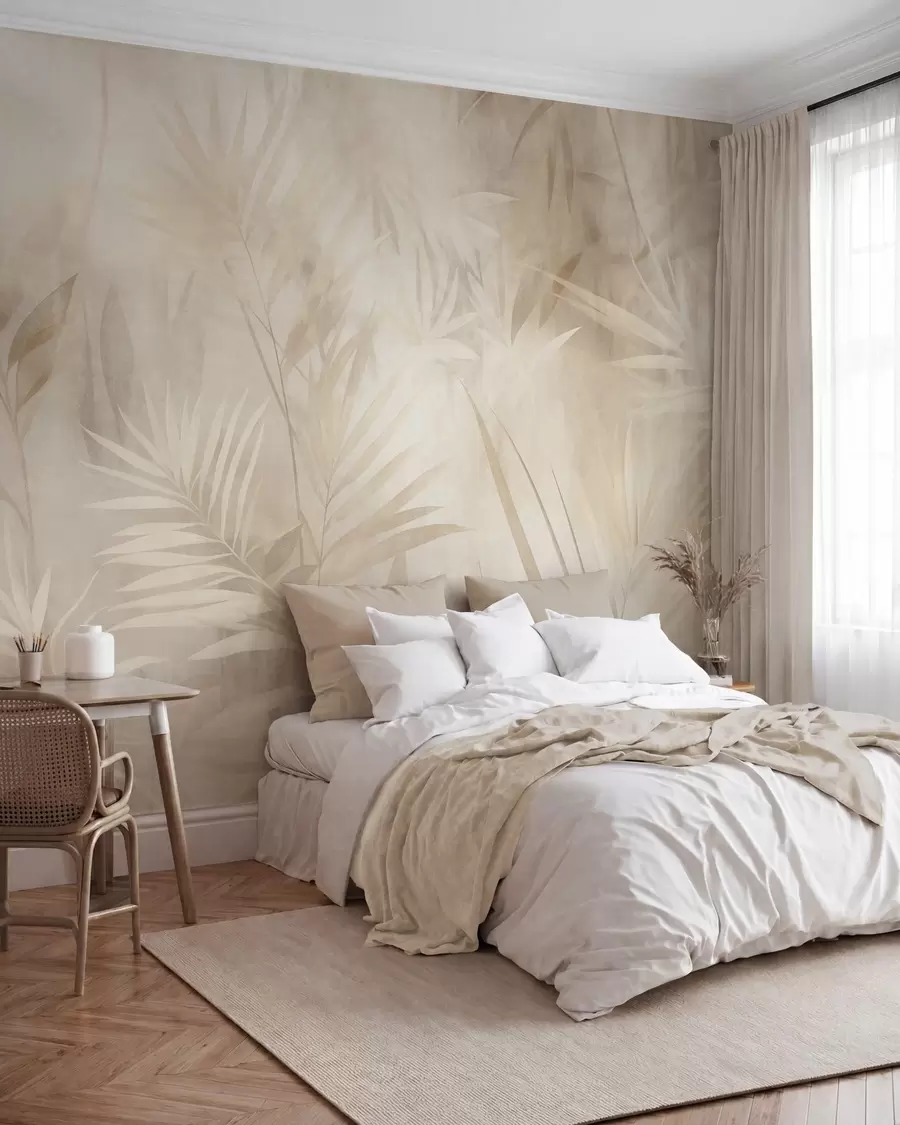 Fototapete Palmblätter in gedeckten Beige- und Cremetönen vor einem sanften Hintergrund, tropischer Dschungel w10023