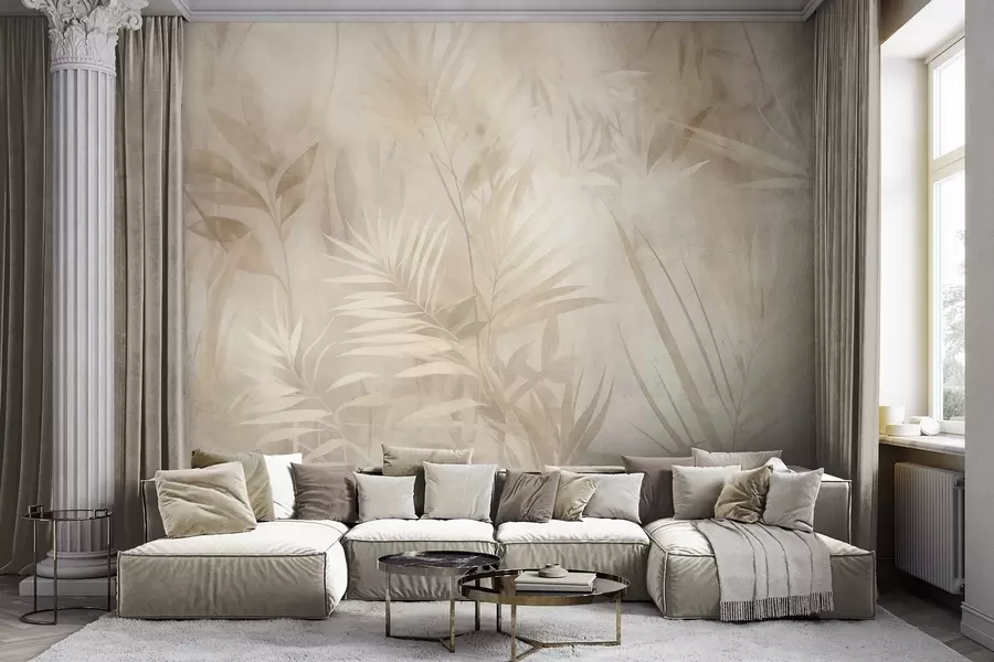 Murale Feuilles de palmier dans des tons beiges et crème discrets, sur un fond doux, jungle tropicale w10023