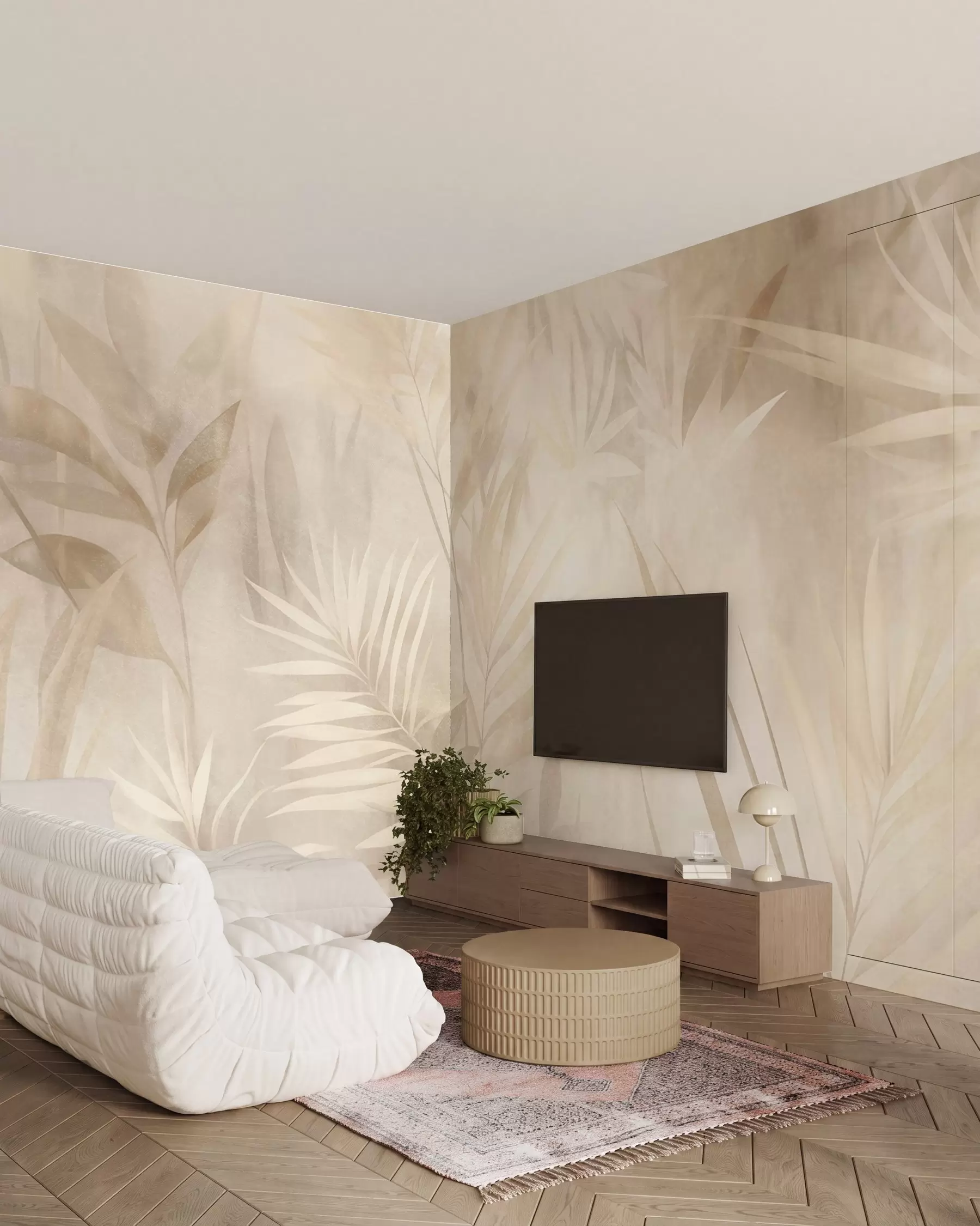 Fototapete Palmblätter in gedeckten Beige- und Cremetönen vor einem sanften Hintergrund, tropischer Dschungel w10023
