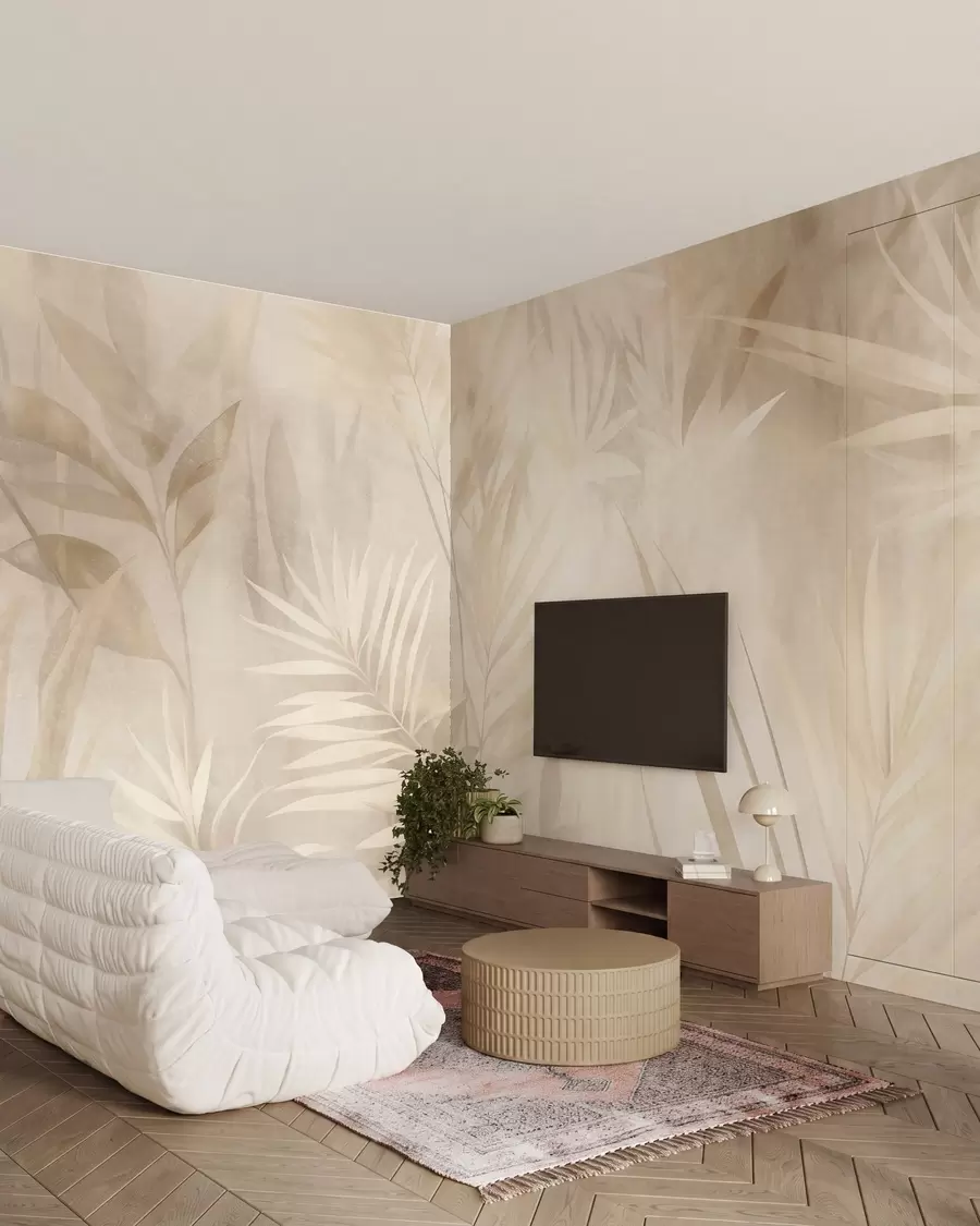 Murale Feuilles de palmier dans des tons beiges et crème discrets, sur un fond doux, jungle tropicale w10023