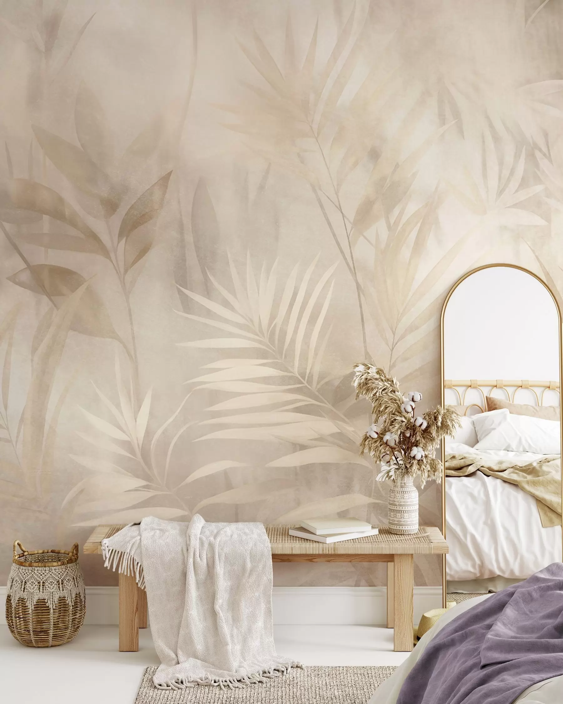 Murale Feuilles de palmier dans des tons beiges et crème discrets, sur un fond doux, jungle tropicale w10023