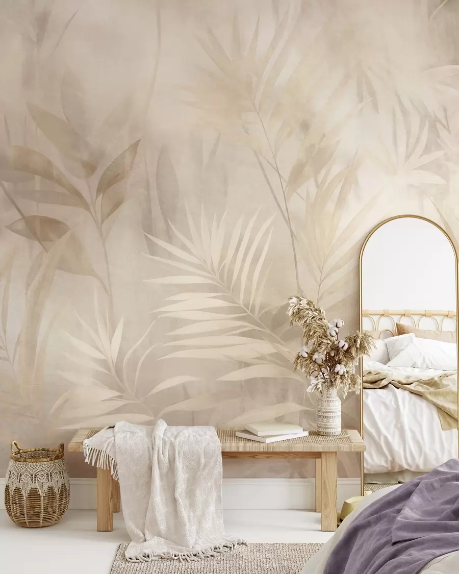Murale Feuilles de palmier dans des tons beiges et crème discrets, sur un fond doux, jungle tropicale w10023