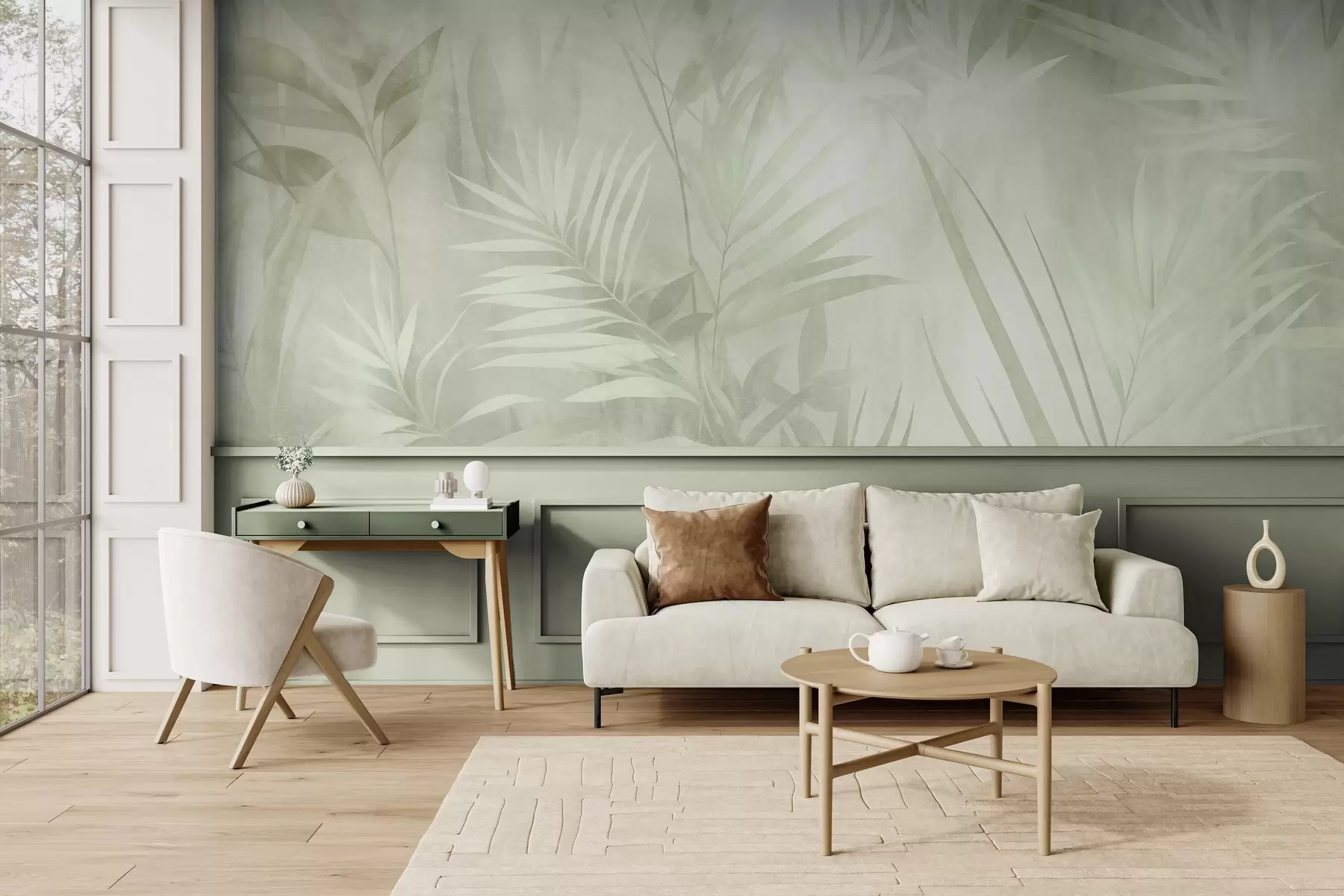 fototapeter Palmeblade i dæmpede grønne nuancer med en blød baggrund, tropisk jungle w10023v1