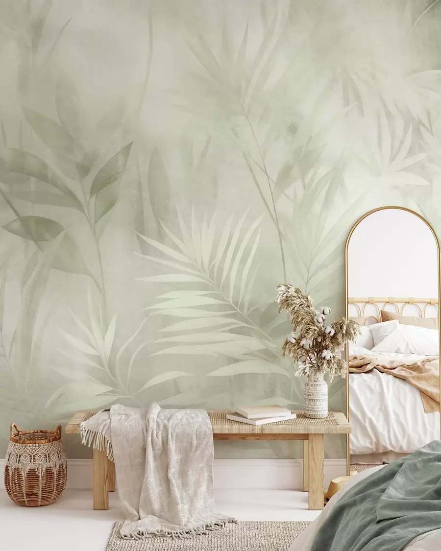 Murale Des feuilles de palmier aux nuances de vert discrètes, sur un fond doux, dans une jungle tropicale w10023v1
