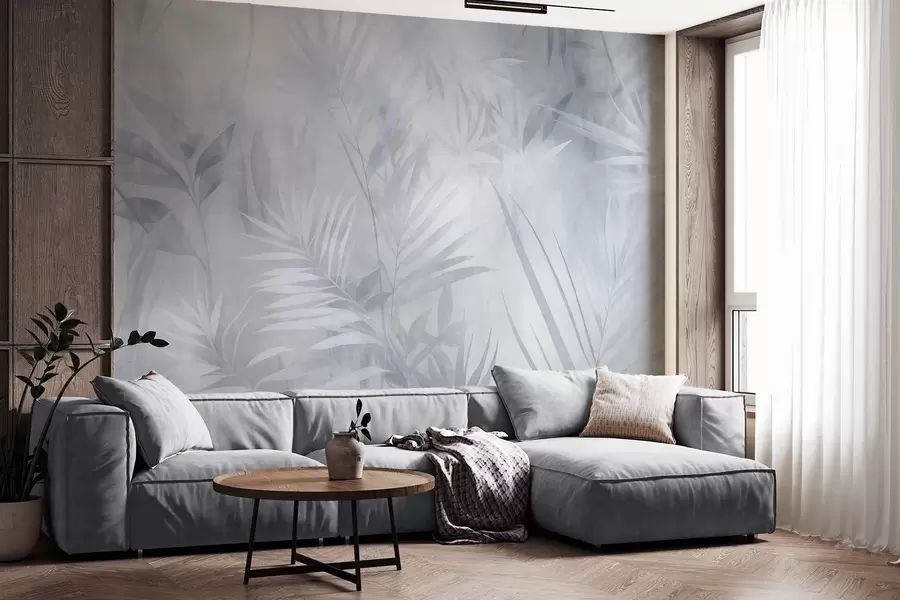 Murale Feuilles de palmier dans des tons bleus discrets, sur un fond doux, jungle tropicale w10023v2