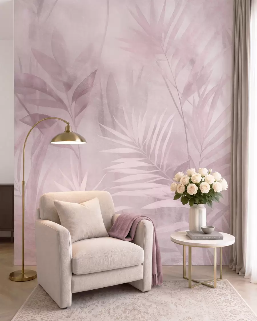 Murale Des feuilles de palmier aux nuances de rose pâle, sur un fond doux, dans une jungle tropicale w10023v3
