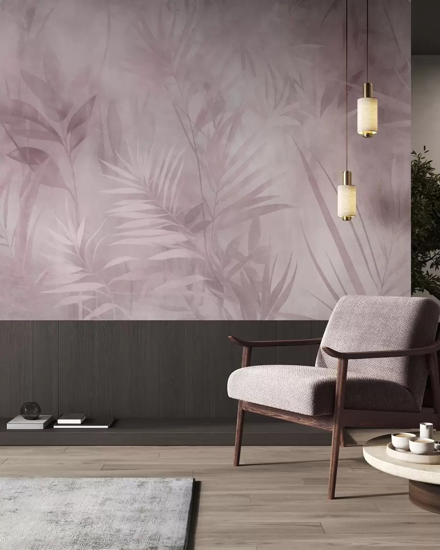 Murale Des feuilles de palmier aux nuances de rose pâle, sur un fond doux, dans une jungle tropicale w10023v3