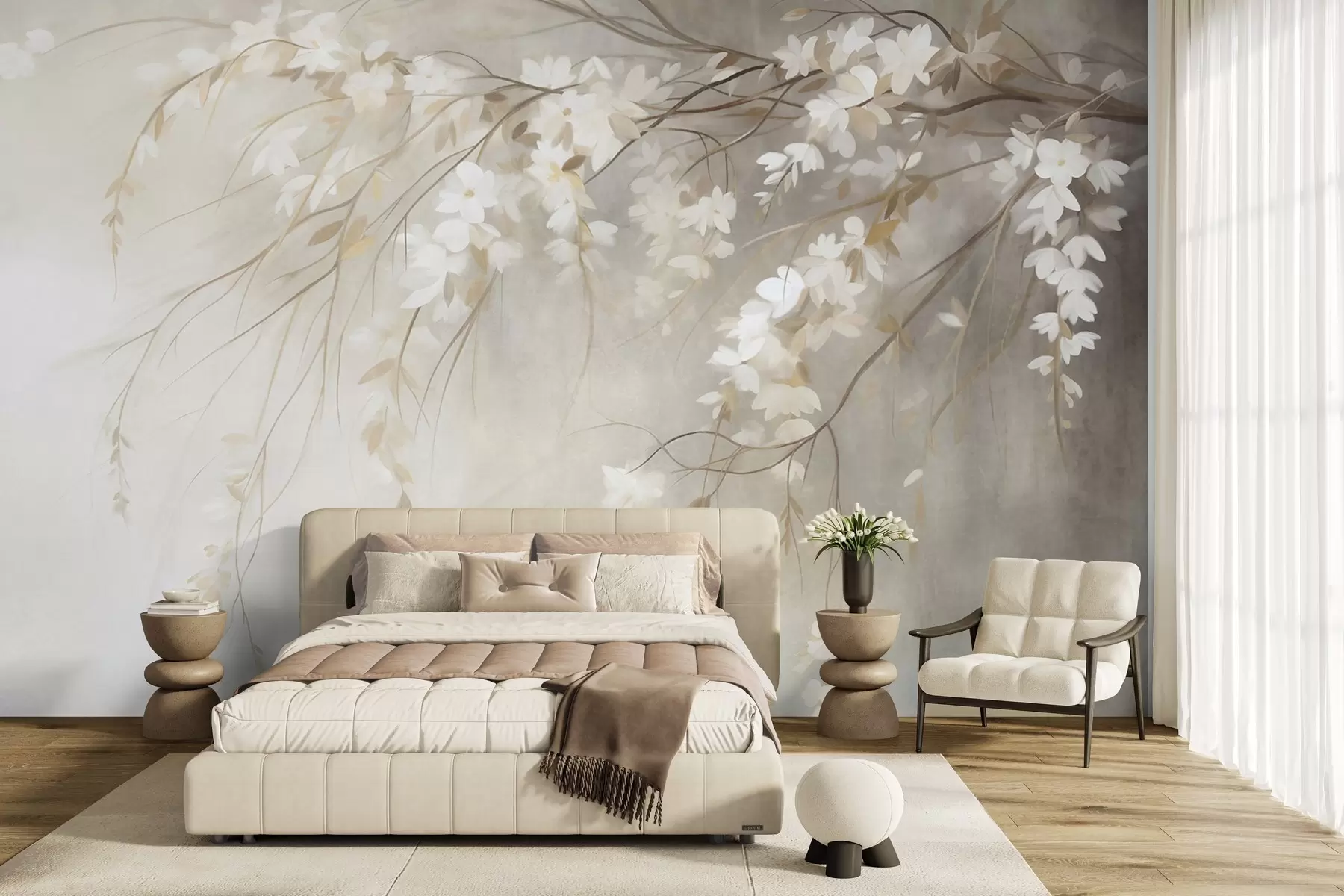 Murale Une branche de cerisier délicate, ornée de fleurs blanches et de feuilles, style peinture w10024