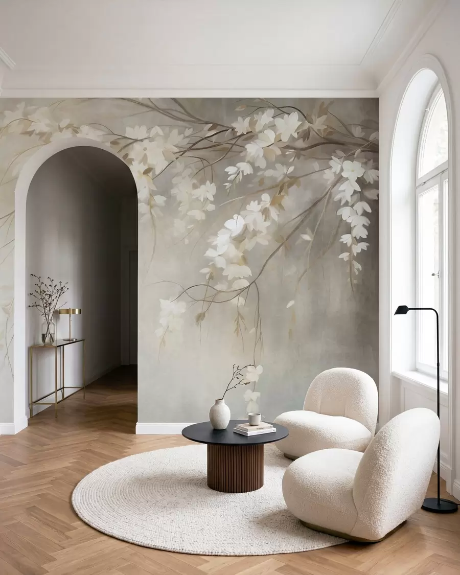 Murale Une branche de cerisier délicate, ornée de fleurs blanches et de feuilles, style peinture w10024