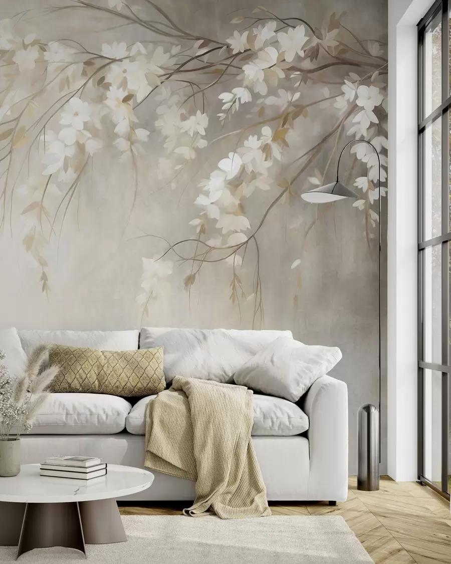 Murale Une branche de cerisier délicate, ornée de fleurs blanches et de feuilles, style peinture w10024