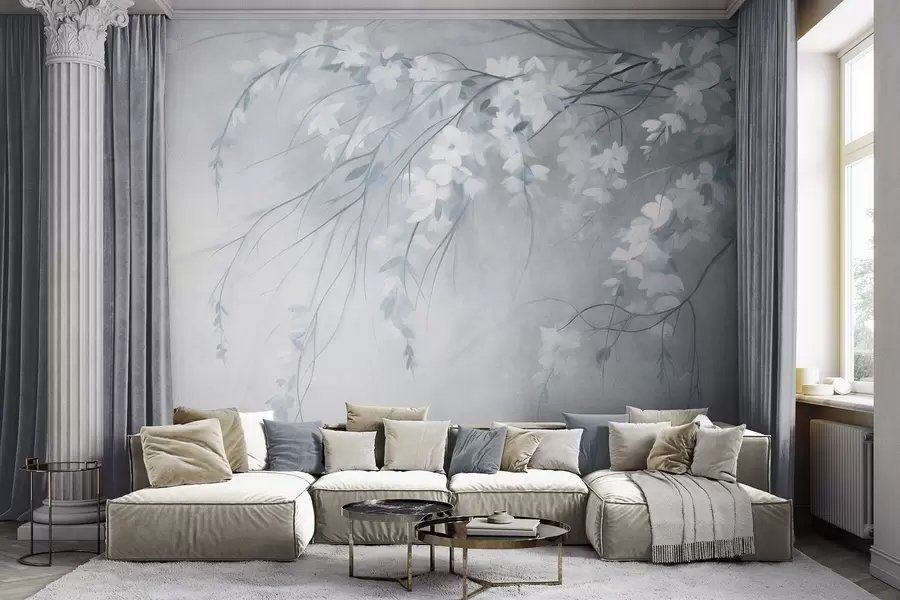 Murale Une branche de cerisier délicate, ornée de fleurs blanches et de feuilles, style peinture w10024v1