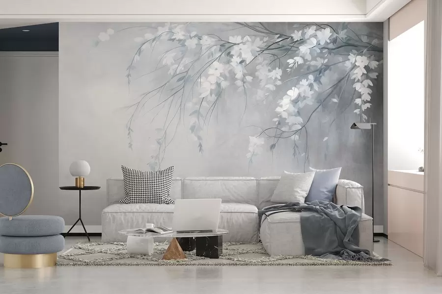 Murale Une branche de cerisier délicate, ornée de fleurs blanches et de feuilles, style peinture w10024v1