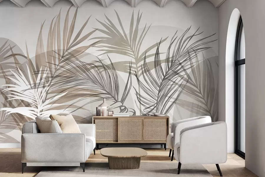 Murale Des feuilles de palmier dans des tons neutres de beige, marron et gris, aux formes abstraites w10025