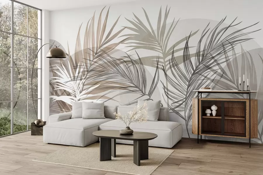 Fototapete Palmblätter in neutralen Beige-, Braun- und Grautönen mit abstrakten Formen w10025