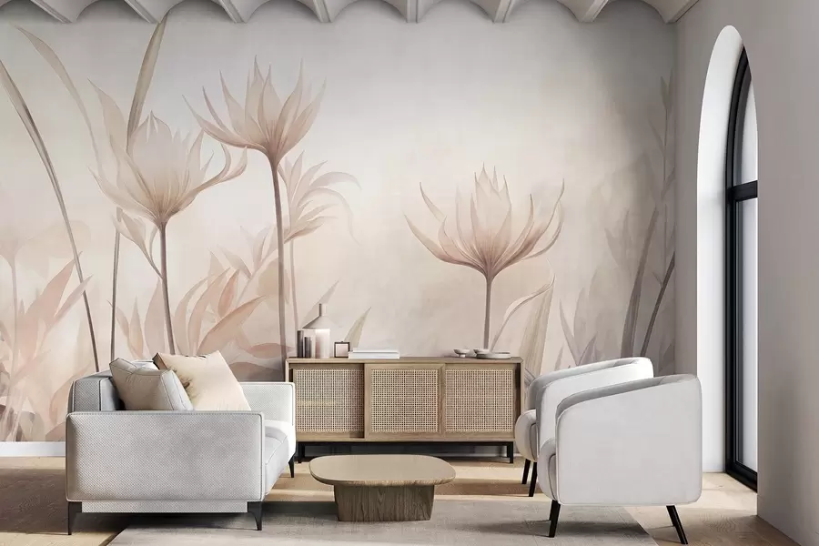 Murale Fleurs translucides aux textures variées, dans des tons doux de pêche et de beige, dotées de longues tiges et de feuillage w10028
