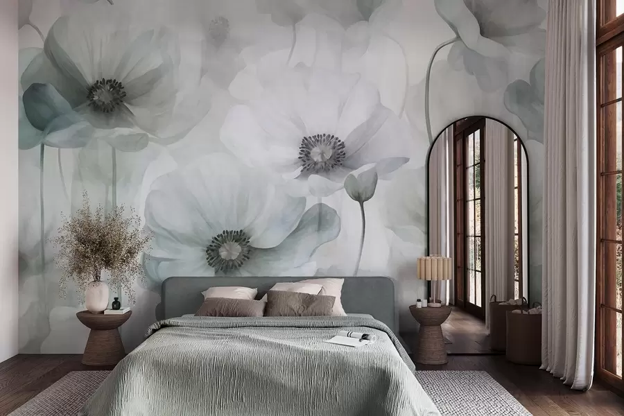Fototapete Dezent strukturierte Mohnblumen mit dunklen Blütenmitten, zarten, durchscheinenden Blütenblättern und einem sanften Hintergrund w10029v2