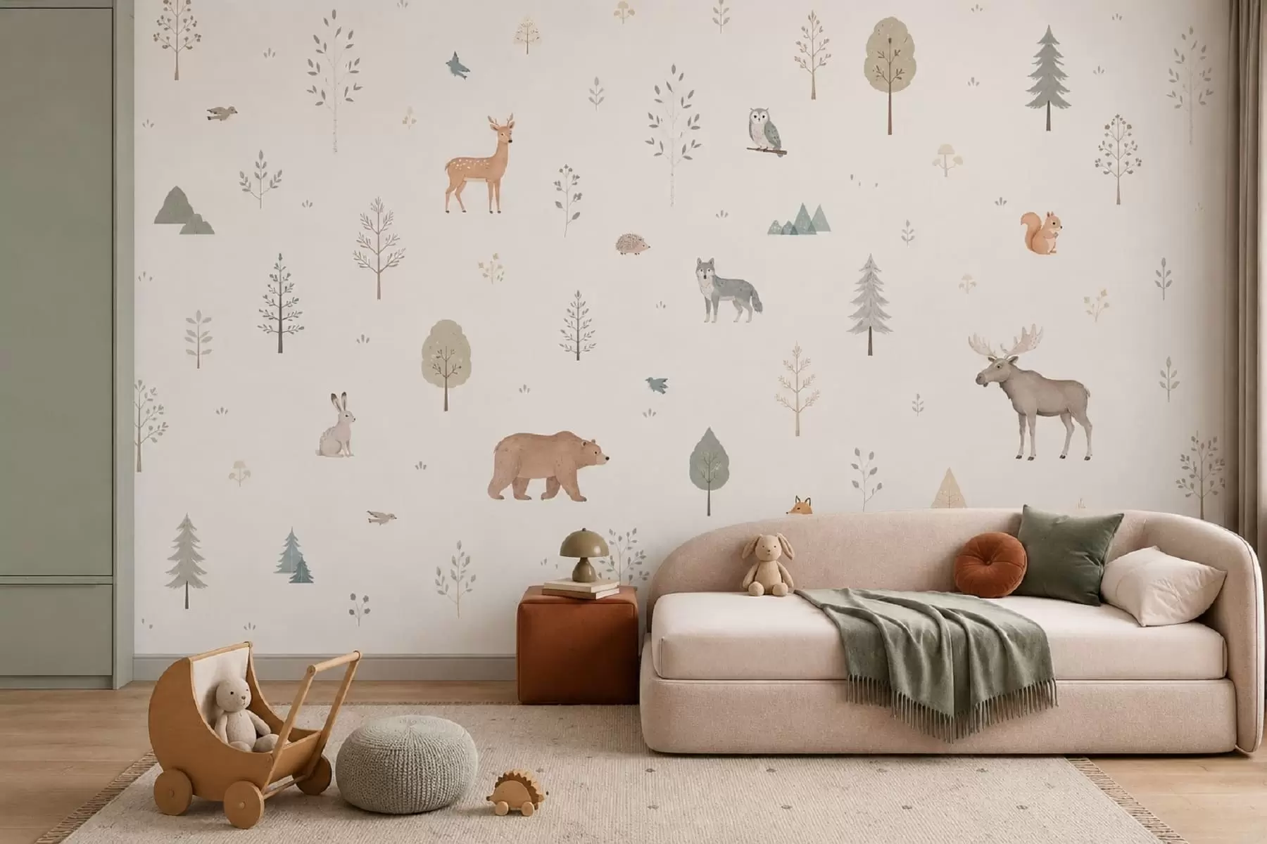 Murale Animaux de la forêt et arbres sur fond clair w05864