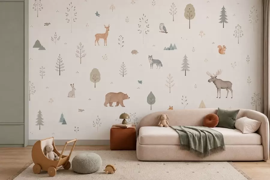 Murale Animaux de la forêt et arbres sur fond clair w05864