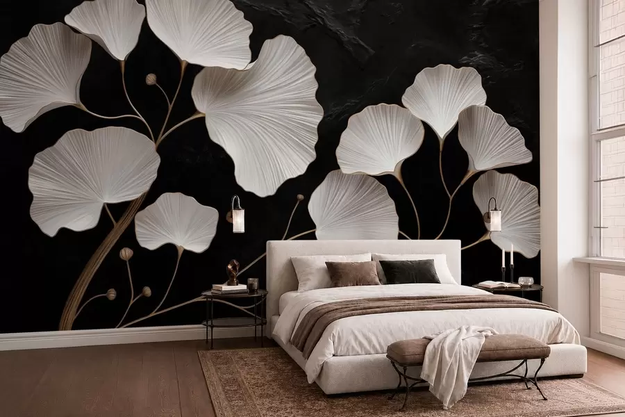 Murale Feuilles blanches en forme d'éventail sur fond noir w05860