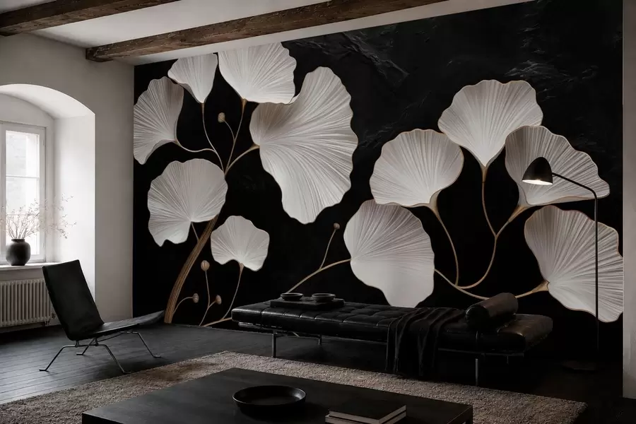 Murale Feuilles blanches en forme d'éventail sur fond noir w05860