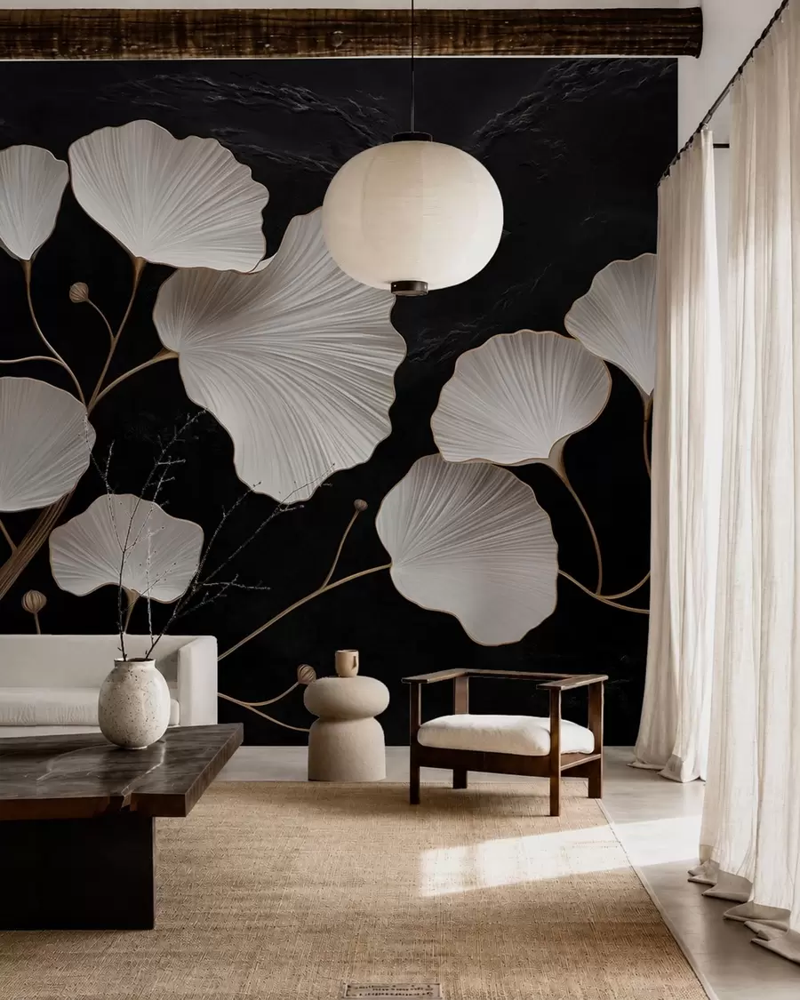 Murale Feuilles blanches en forme d'éventail sur fond noir w05860