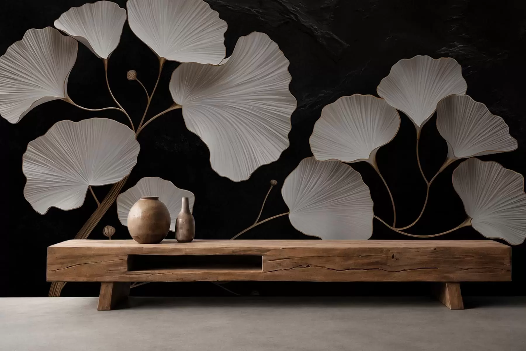 Murale Feuilles blanches en forme d'éventail sur fond noir w05860