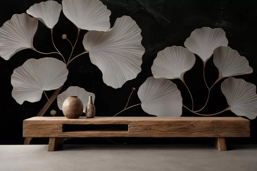 Murale Feuilles blanches en forme d'éventail sur fond noir w05860