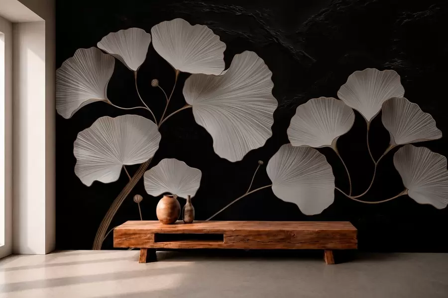 Murale Feuilles blanches en forme d'éventail sur fond noir w05860