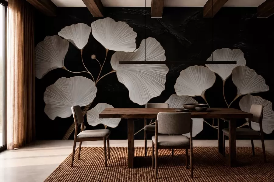 Murale Feuilles blanches en forme d'éventail sur fond noir w05860