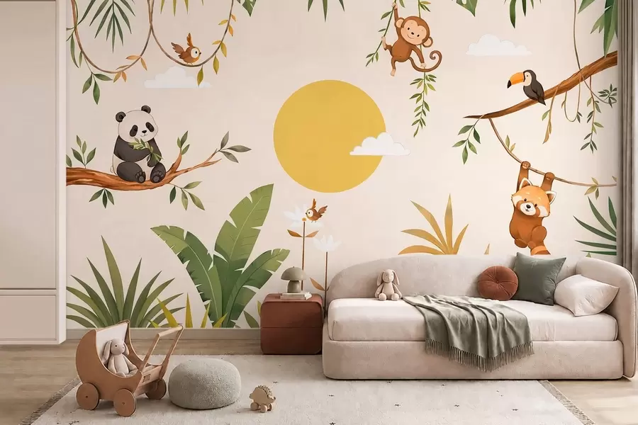Murale Des animaux tropicaux au milieu d'une végétation luxuriante w05865
