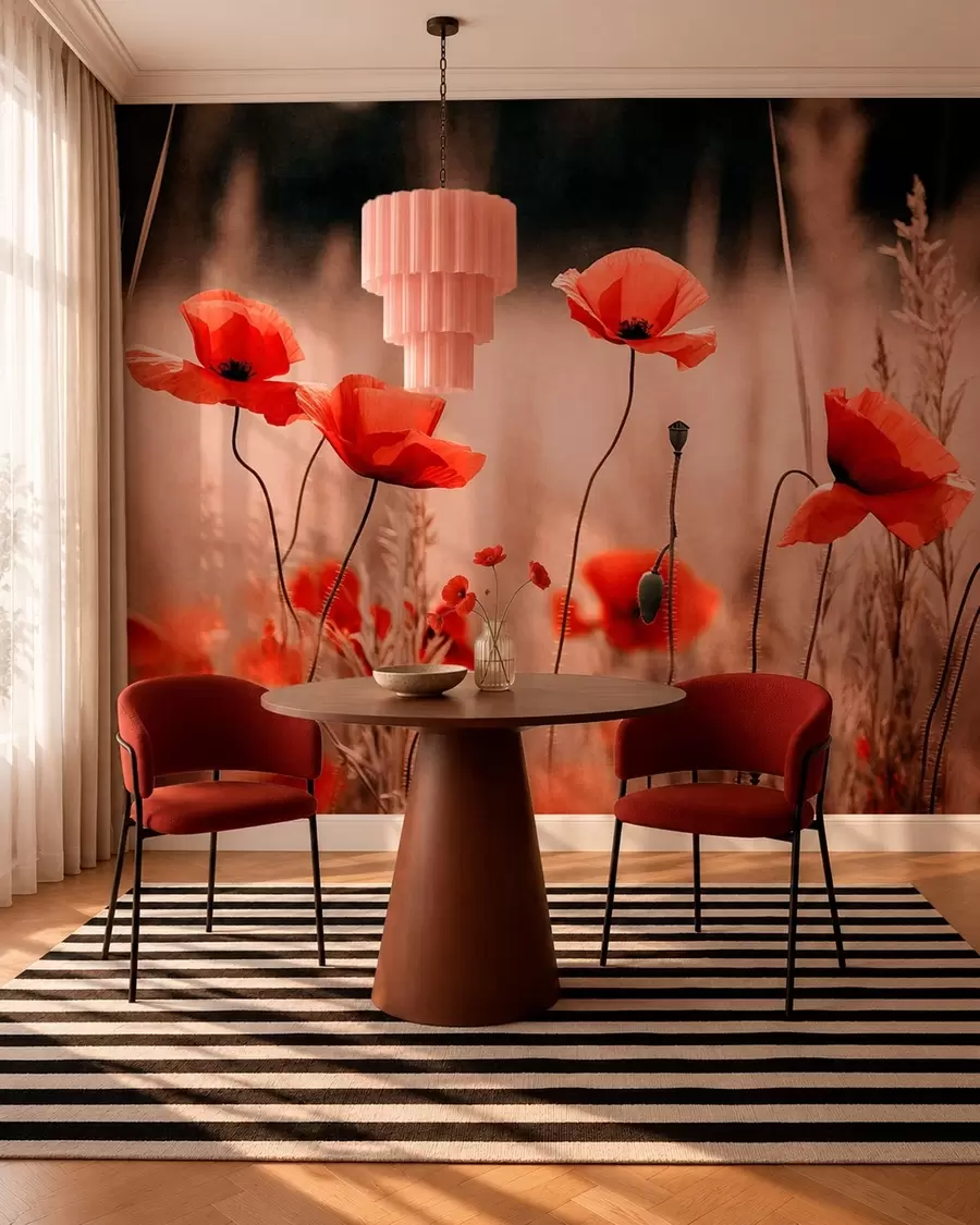 Murale Des coquelicots d'un rouge vif parmi les herbes sèches w05866