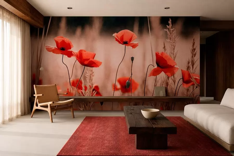 Murale Des coquelicots d'un rouge vif parmi les herbes sèches w05866