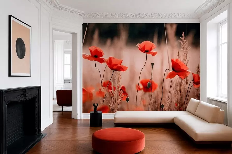 Murale Des coquelicots d'un rouge vif parmi les herbes sèches w05866