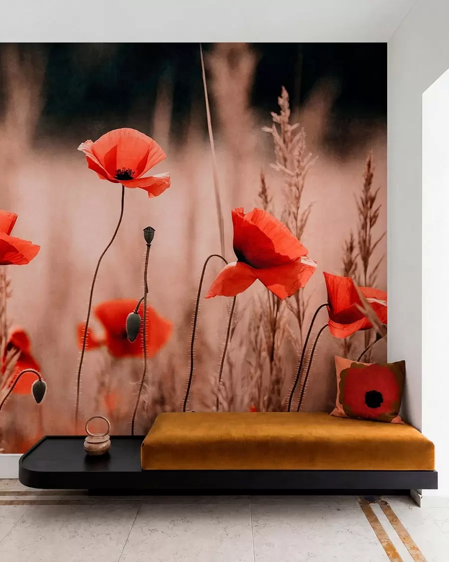 Murale Des coquelicots d'un rouge vif parmi les herbes sèches w05866