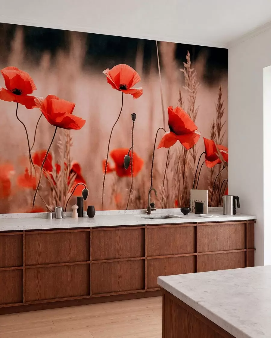 Murale Des coquelicots d'un rouge vif parmi les herbes sèches w05866