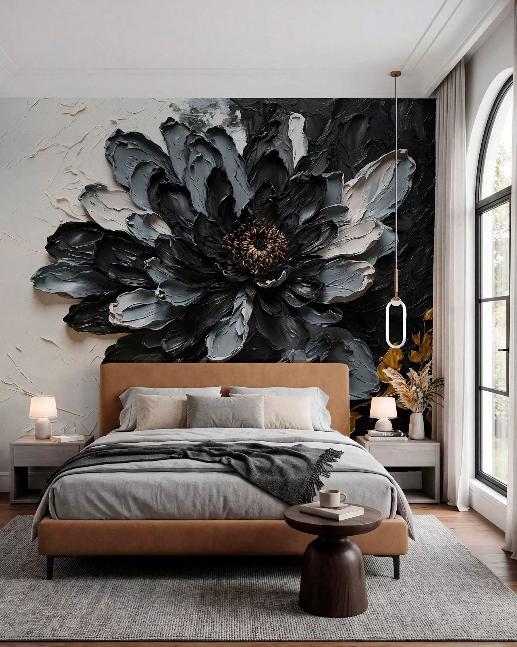 Murale Fleur texturée noire et grise avec des branches décoratives w05883