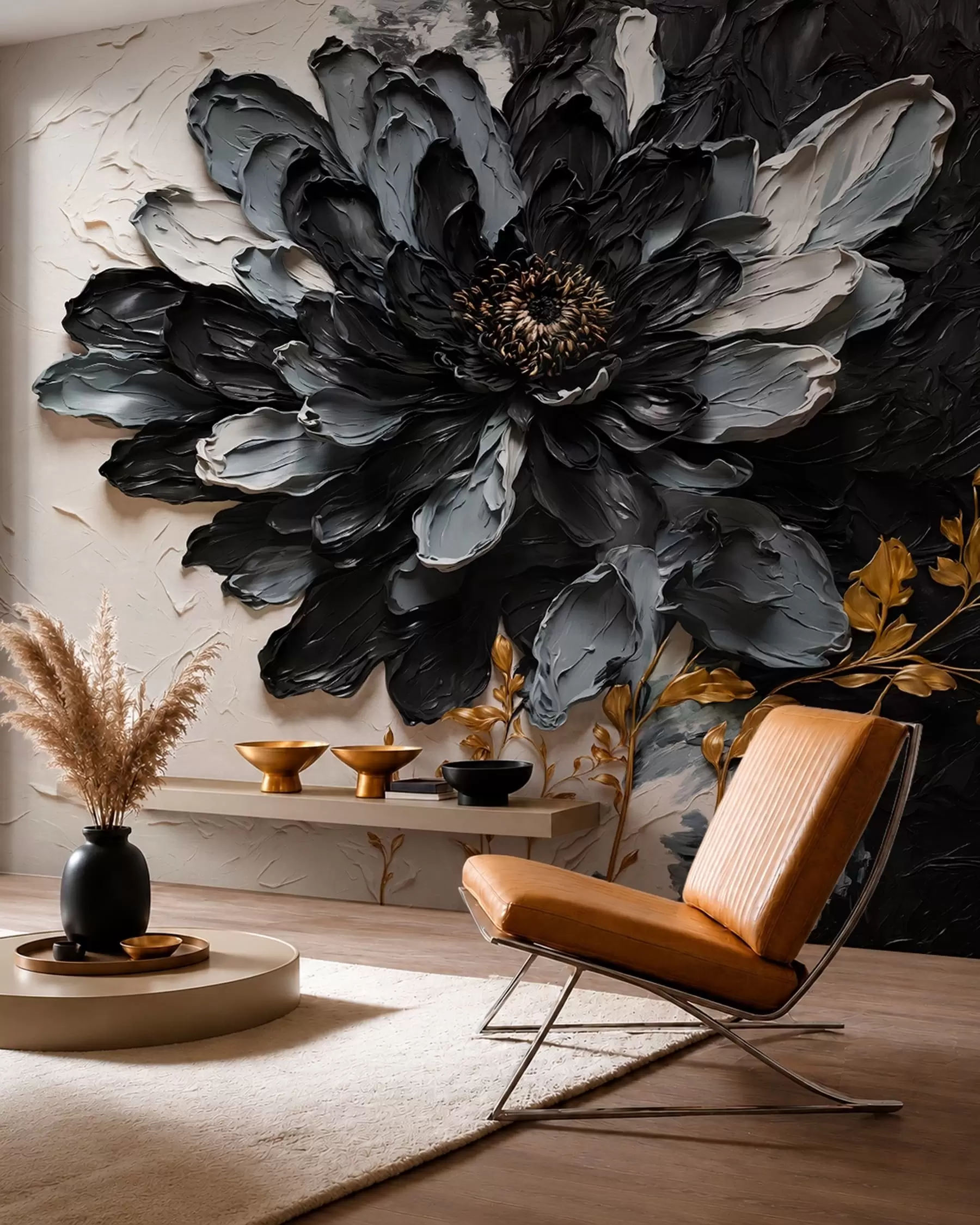 Murale Fleur texturée noire et grise avec des branches décoratives w05883