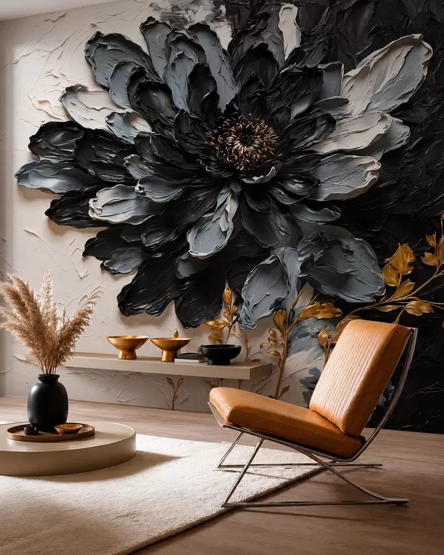 Murale Fleur texturée noire et grise avec des branches décoratives w05883