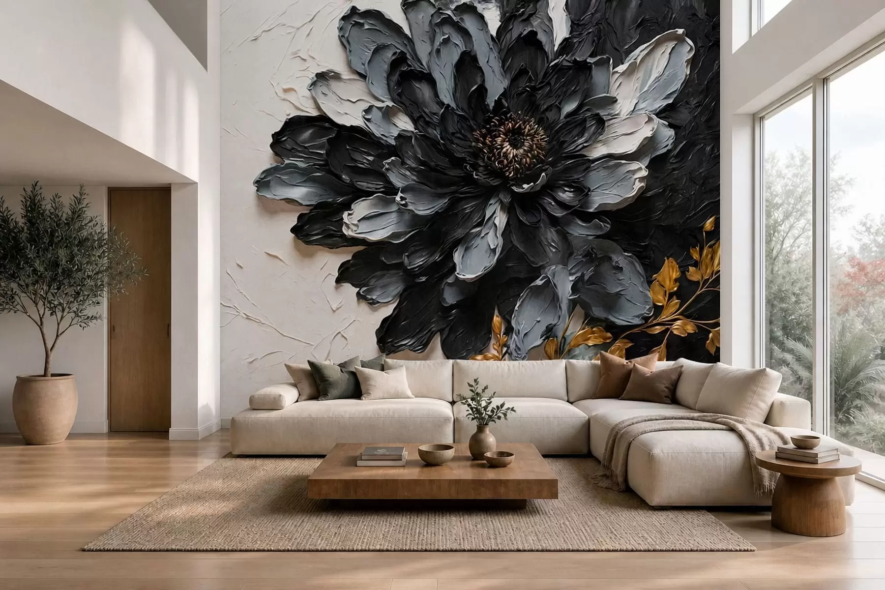 Murale Fleur texturée noire et grise avec des branches décoratives w05883
