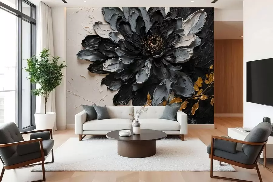 Murale Fleur texturée noire et grise avec des branches décoratives w05883
