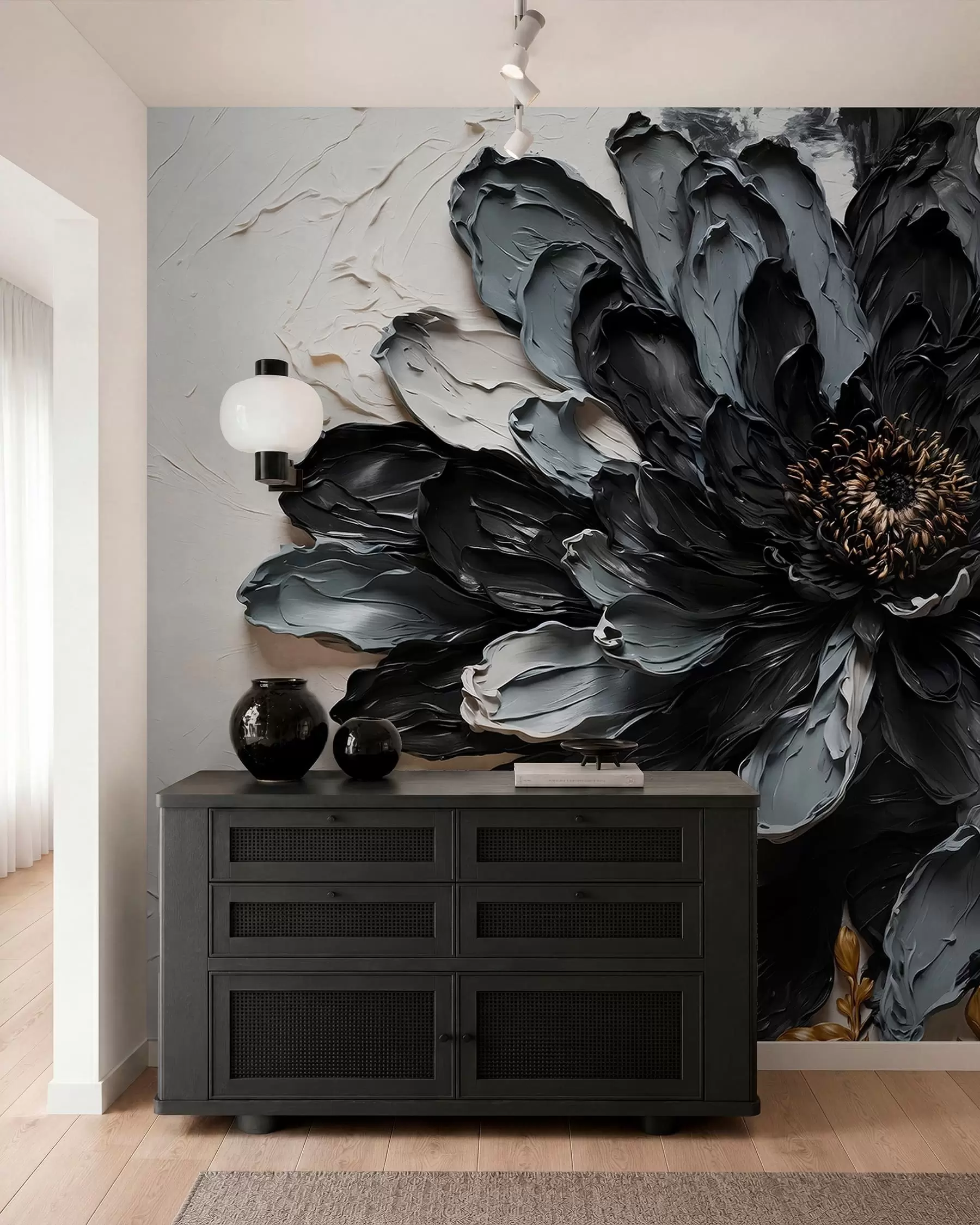 Murale Fleur texturée noire et grise avec des branches décoratives w05883